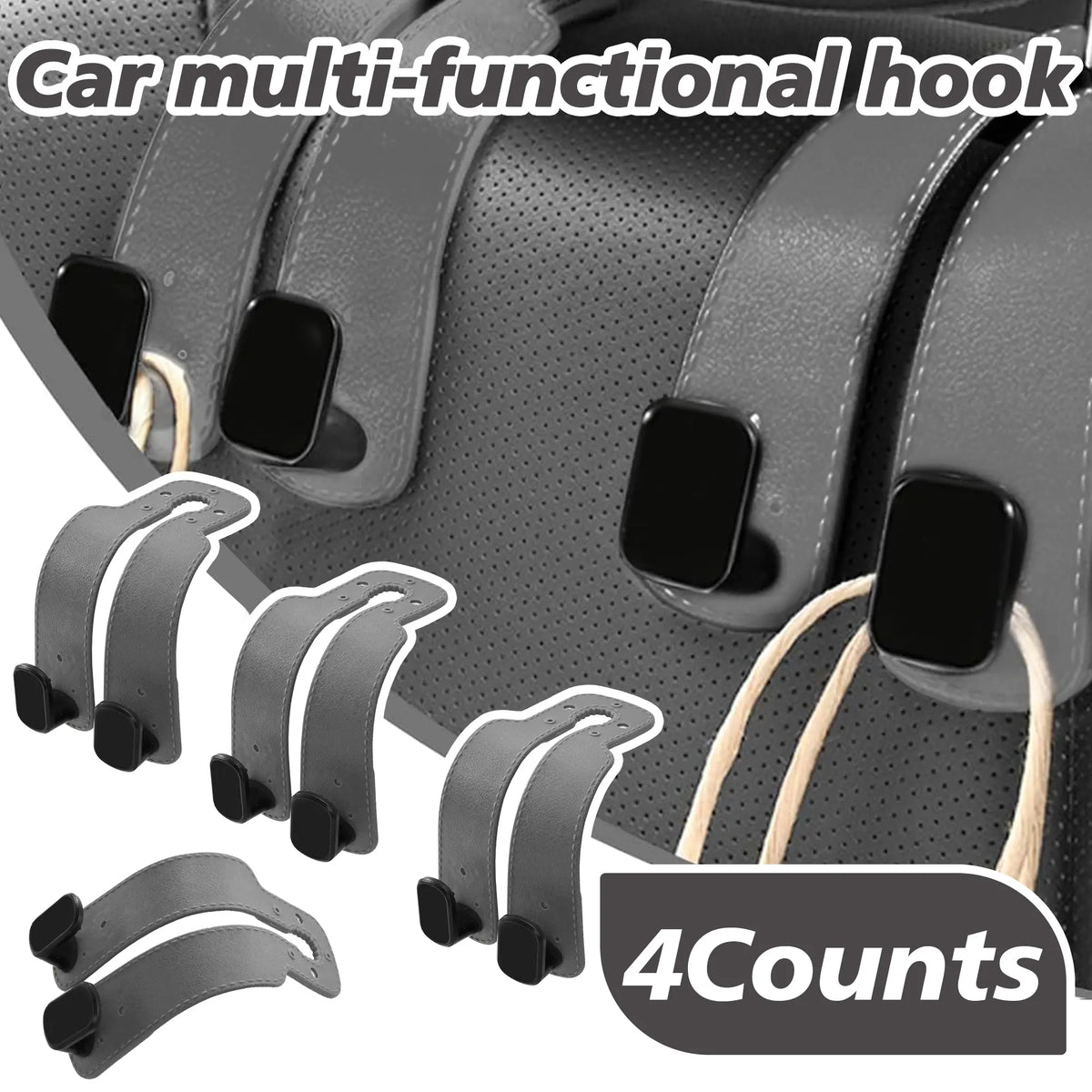 4 Counts Car Seat Headrest Hook, Improved Car Seat Back Double Hooks for Kids' Toys Hats Masks Sunglasses, Soft Gentle Faux Leather