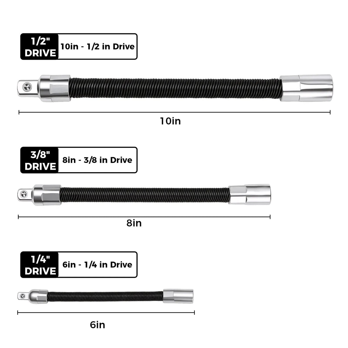 Flexible Socket Extension Bar Set 3-Piece 1/2" 3/8" 1/4" Shaft Drive 10" 8" 6"-Spring-Loaded Detent Balls to Prevent Slipping, fathersdaygift fathersdaygift